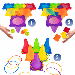 Gra Zręcznościowa 3w1 Zabawa Ruchowa Plenerowa Woreczki Obręcze Pachołki