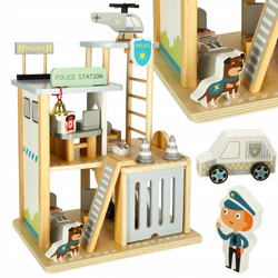 Drewniany Posterunek Komisariat Policji Zestaw Pojazdy Figurki Helikopter