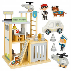 Drewniany Posterunek Komisariat Policji Zestaw Pojazdy Figurki Helikopter