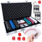 ZESTAW DO GRY W POKERA GRA 300 ŻETONÓW 2 TALIE KART 5 KOŚCI WALIZKA