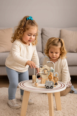 Drewniany Stolik Manipulacyjny Edukacyjny Montessori 2w1 Tor Sensoryczny Pętla Pojazdy