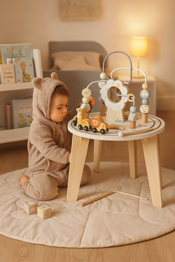 Drewniany Stolik Manipulacyjny Edukacyjny Montessori 2w1 Tor Sensoryczny Pętla Pojazdy