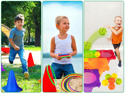 Gra Zręcznościowa 3w1 Zabawa Ruchowa Plenerowa Woreczki Obręcze Pachołki