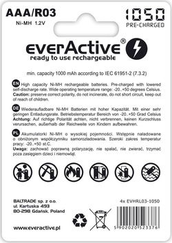 Akumulatorki everActive R03/AAA Ni-MH 1050 mAh ready to use - 4 sztuki