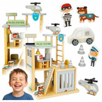 Drewniany Posterunek Komisariat Policji Zestaw Pojazdy Figurki Helikopter