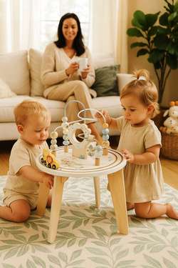 Drewniany Stolik Manipulacyjny Edukacyjny Montessori 2w1 Tor Sensoryczny Pętla Pojazdy